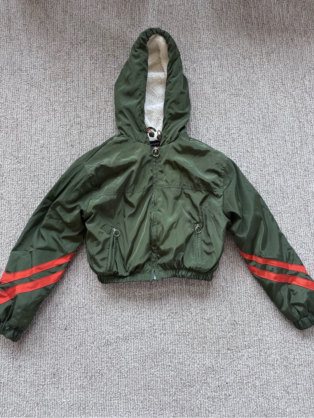 New Look Olive Green Hooded Cropped Puffer with Red Sleeve Stripes